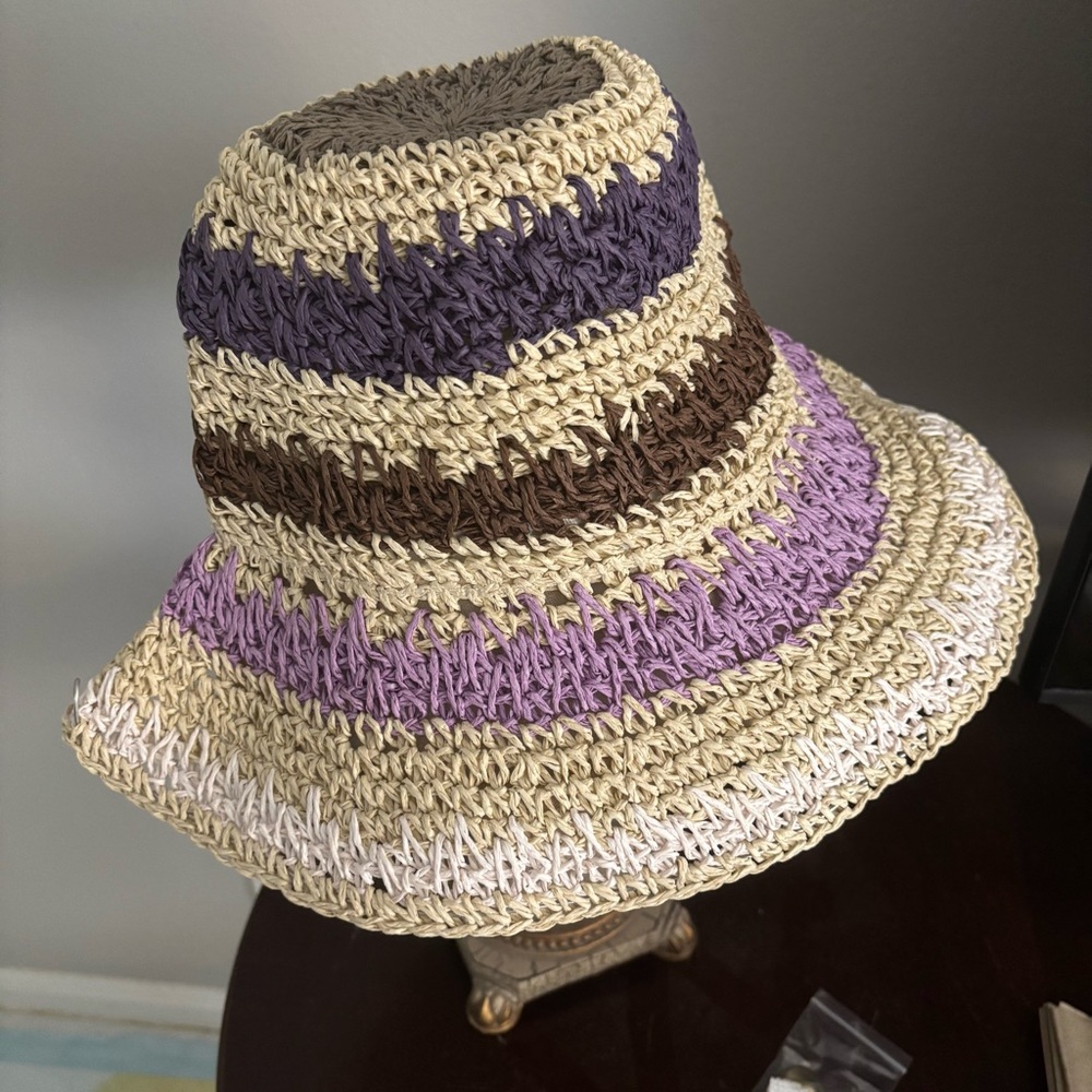 NIB NEW LOGO by Lori Goldstein Striped Hat in Natural, Lilac, Purple & Brown